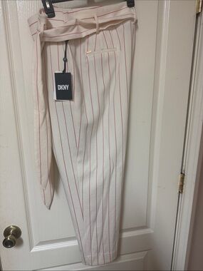 DKNY Cream Trousers with Red Pinstripes and Self-Tie Waist